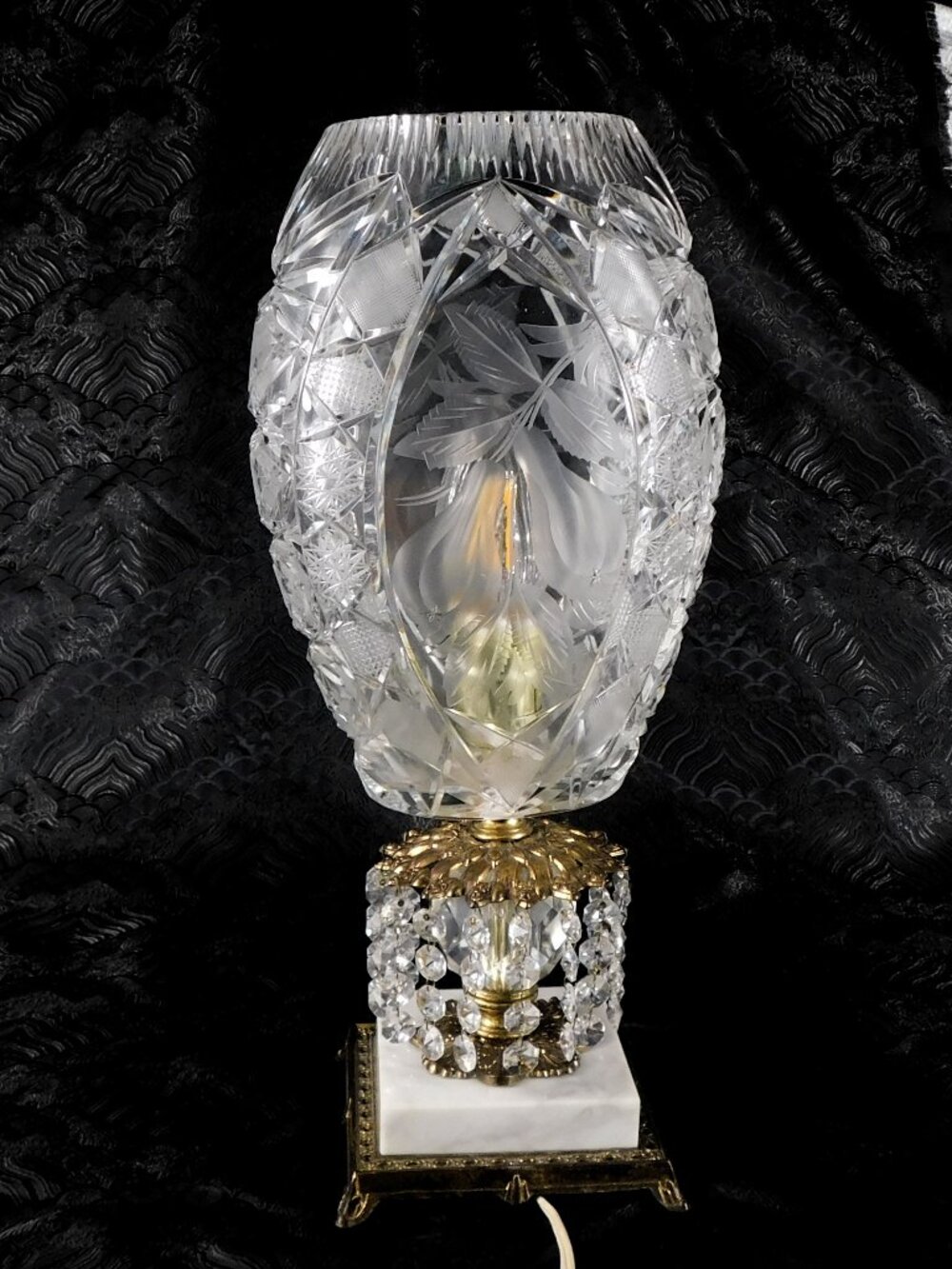 Very Large Cut Crystal Lamp on Marble Base with Hanging Prisms # 27690